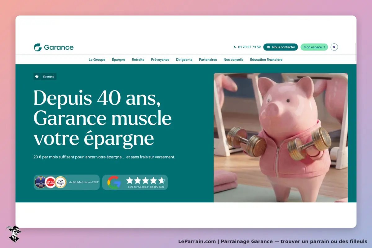 Garance : page d'accueil avec un cochon d'épargne portant des haltères et un texte explicatif