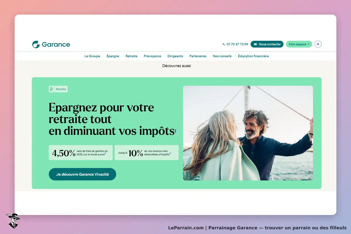 Garance : page d'accueil avec un message sur l'épargne retraite et une image de couple