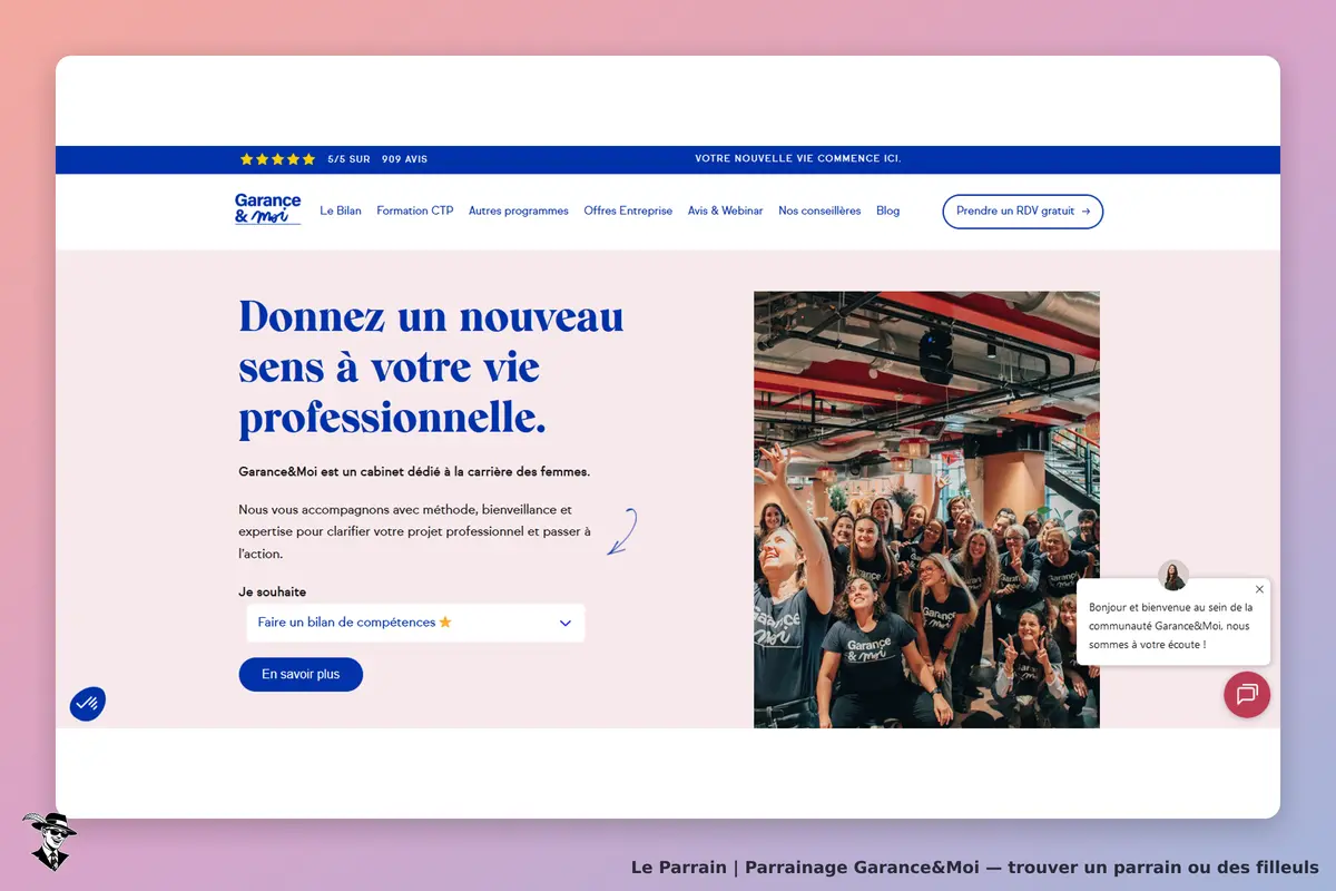 Garance&Moi : page d'accueil avec un texte d'accueil et une photo de groupe souriant