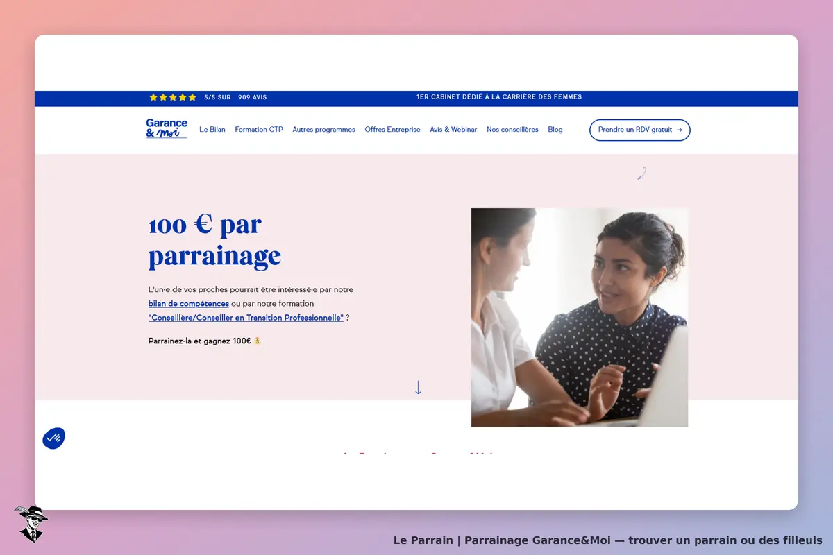 Garance&Moi : page d'accueil avec texte sur le parrainage et deux femmes discutant