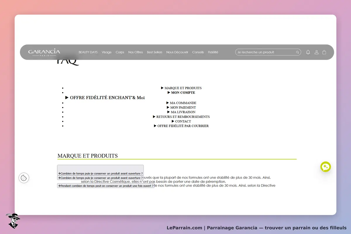 Garancia : capture d'écran de la FAQ avec des questions sur les produits et la fidélité