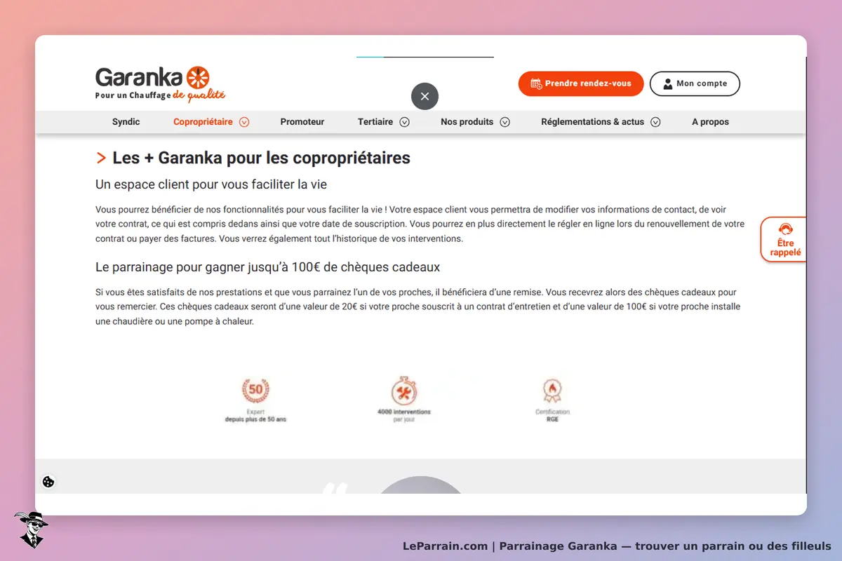 Garanka : page d'accueil présentant les services pour copropriétaires et le parrainage