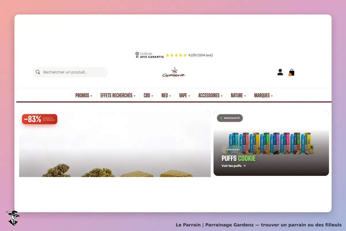 Gardenz : page d'accueil avec produits, promotions et section nouveautés en haut