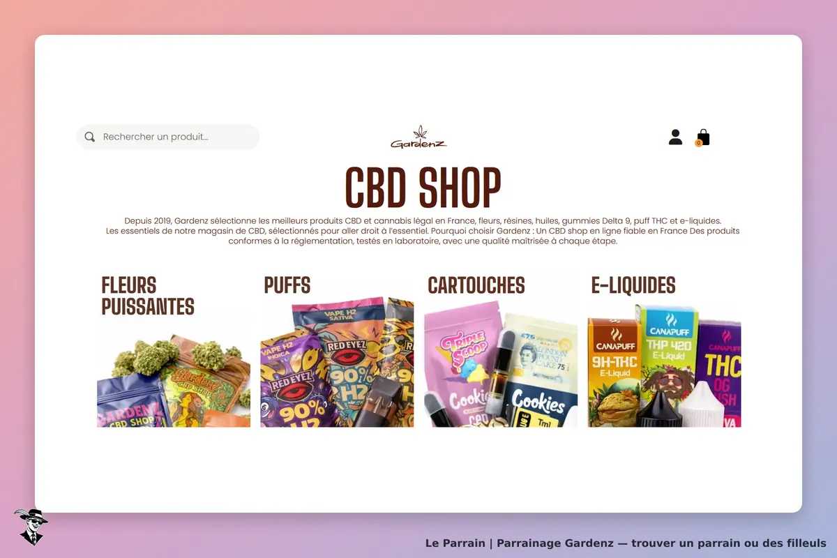 Gardenz : page d'accueil présentant des produits CBD, avec catégories et images de produits