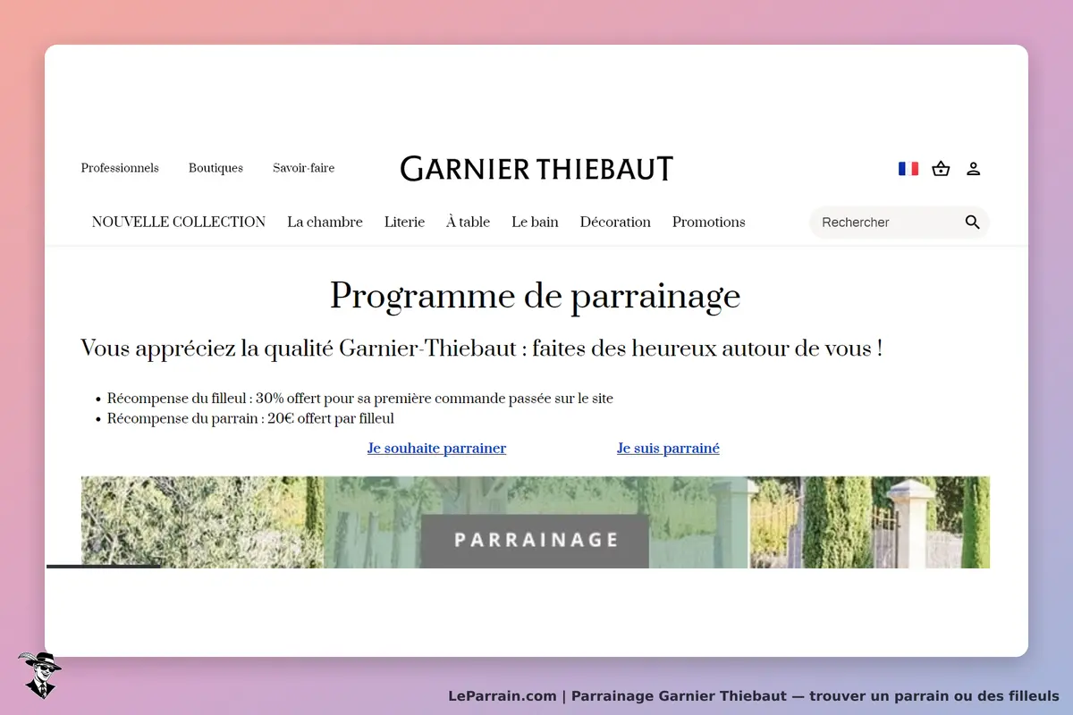 GARNIER THIEBAUT : page d'accueil avec programme de parrainage et options pour parrains et filleuls