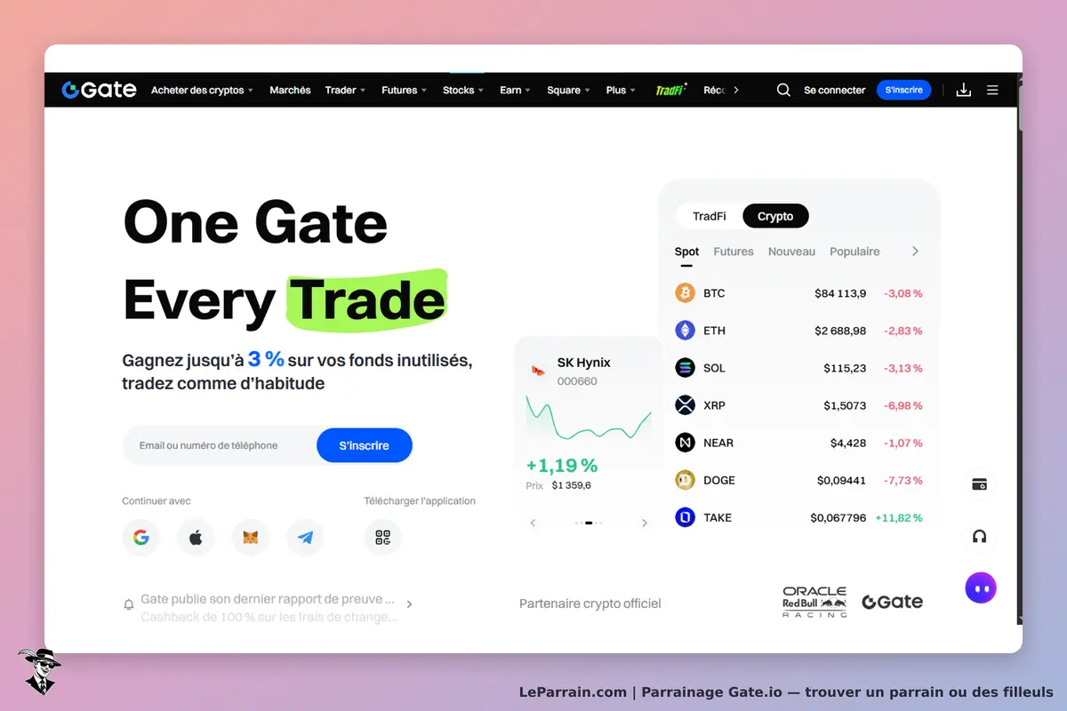 Gate.io : page d'accueil avec un slogan sur le trading et un tableau des cryptomonnaies