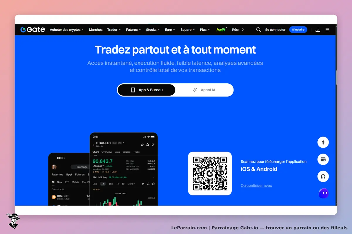 Gate.io : page d'accueil avec options de trading et QR code pour télécharger l'application