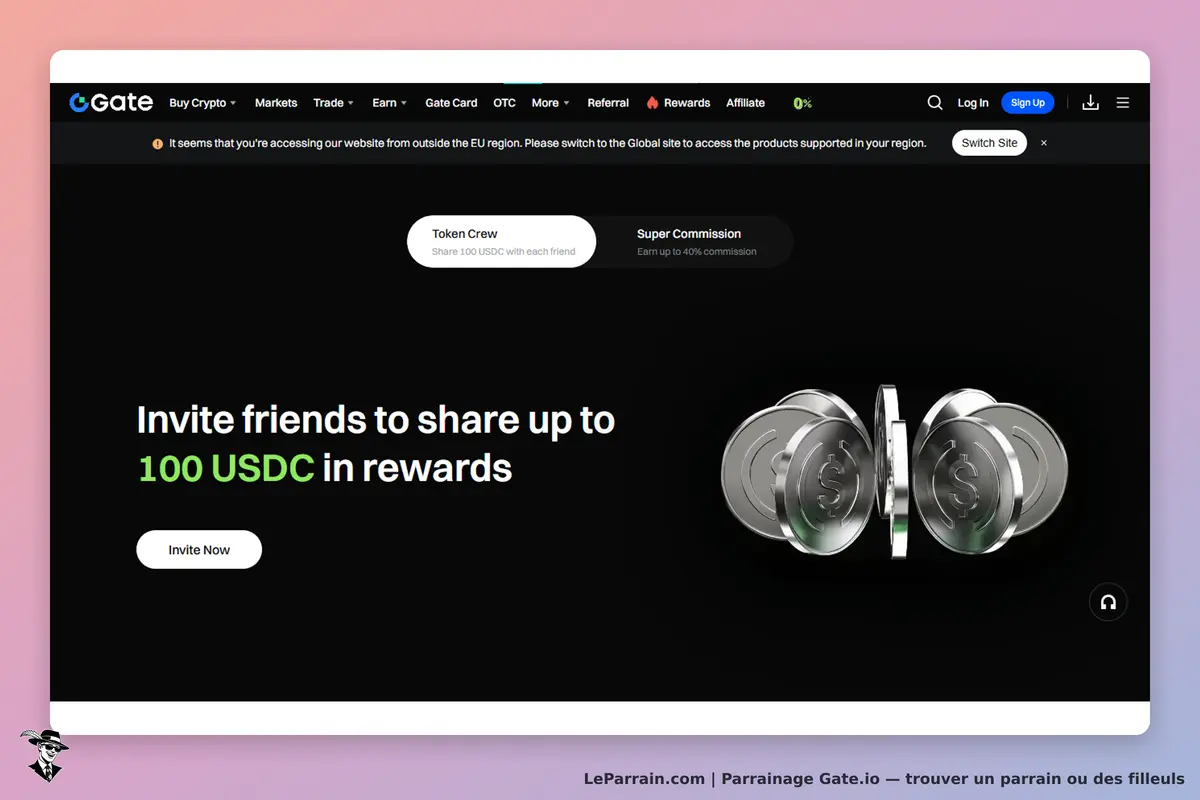 Gate.io : page d'accueil avec invitation à partager des récompenses et images de pièces de monnaie