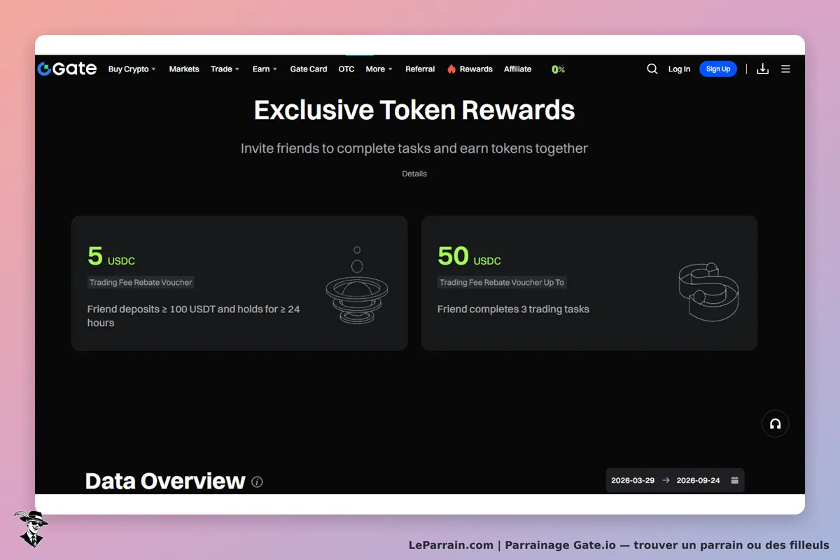Gate.io : section sur les récompenses de tokens avec deux offres et des conditions d'obtention