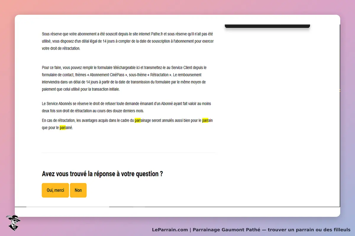 Gaumont Pathé : texte explicatif sur le droit de rétractation et formulaire à remplir