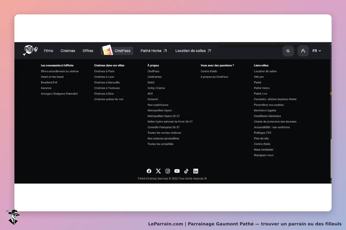 Gaumont Pathé : menu de navigation avec films, cinémas, offres et informations diverses