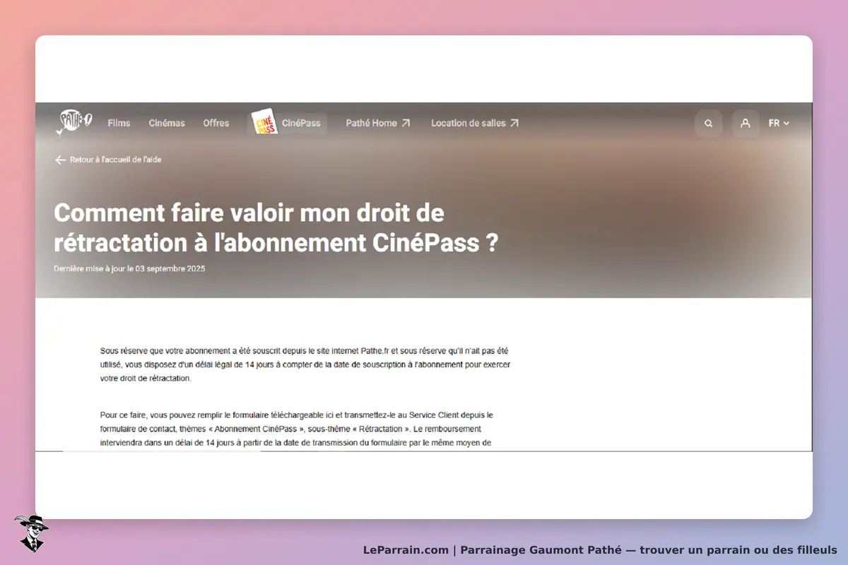 Gaumont Pathé : page d'aide sur le droit de rétractation de l'abonnement CinéPass