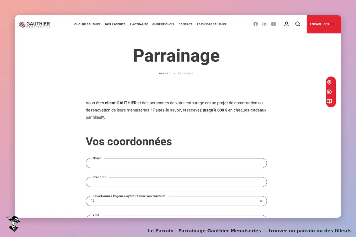 Page parrainage de Gauthier Menuiseries
