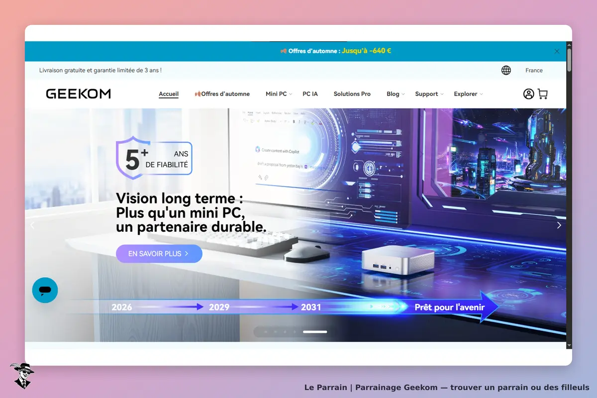 GEEKOM : page d'accueil avec un mini PC et un message sur la fiabilité et la durabilité