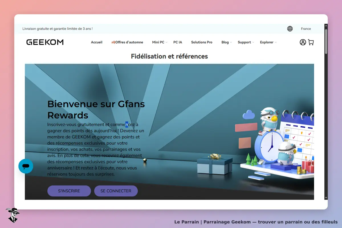 GEEKOM : page d'accueil avec message de bienvenue et éléments graphiques colorés