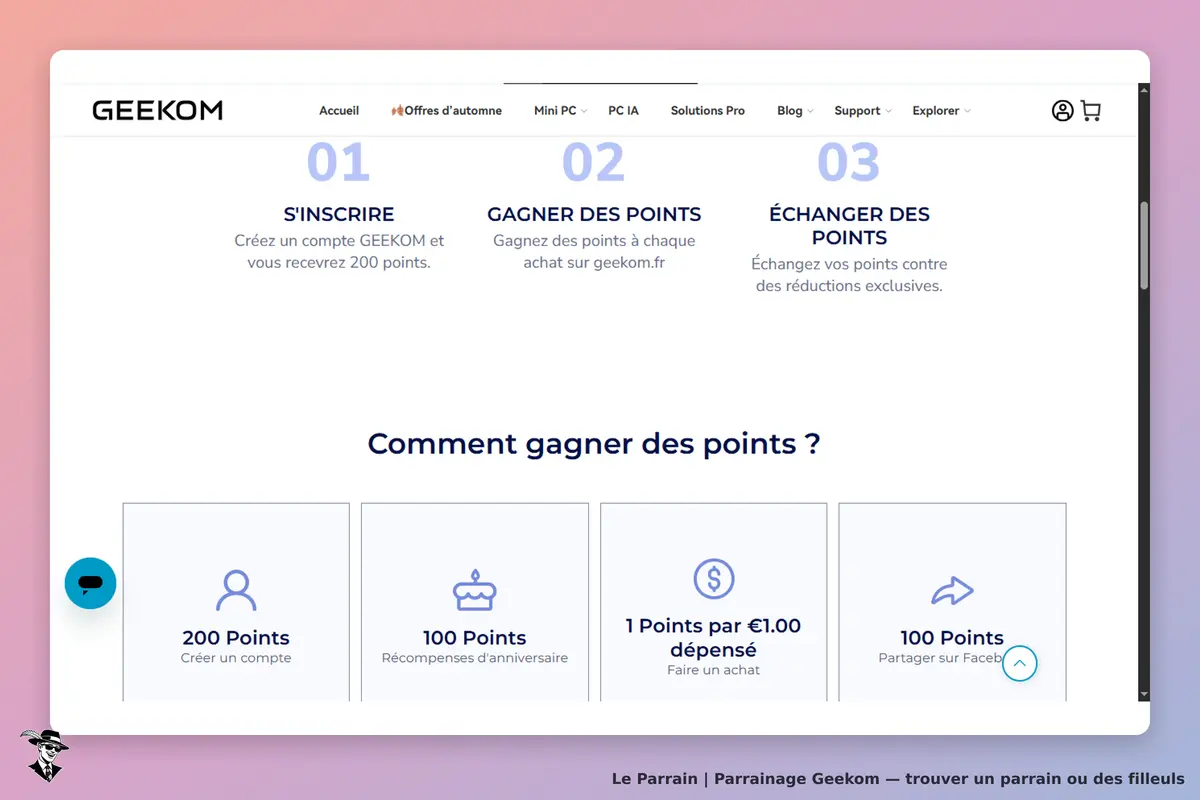 GEEKOM : page d'accueil présentant le programme de points et les étapes pour en gagner