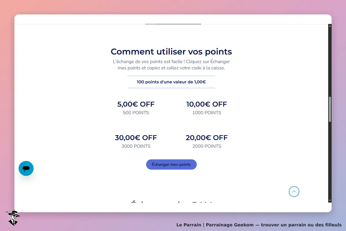 Geekom : page expliquant l'utilisation des points avec des options d'échange affichées
