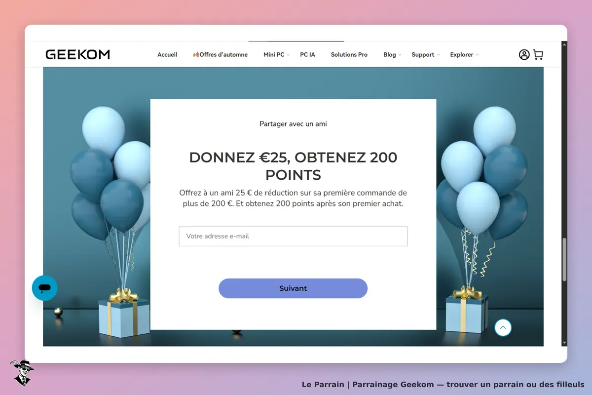 GEEKOM : page d'accueil avec un formulaire de parrainage et des ballons en arrière-plan