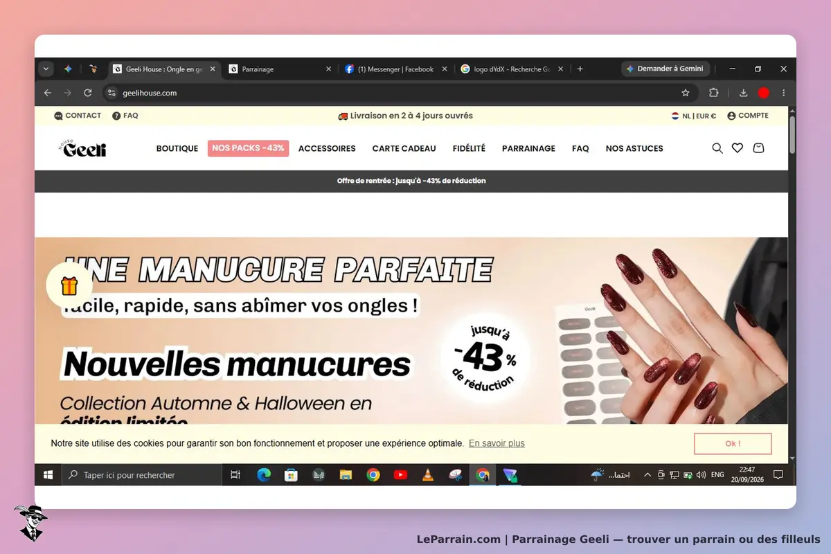 Geeli : page d'accueil présentant des manucures avec des ongles brillants et un message