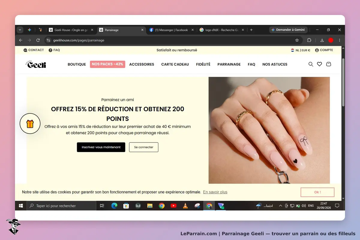 Geeli : page d'accueil avec un formulaire de parrainage et une image de mains ornées de bagues