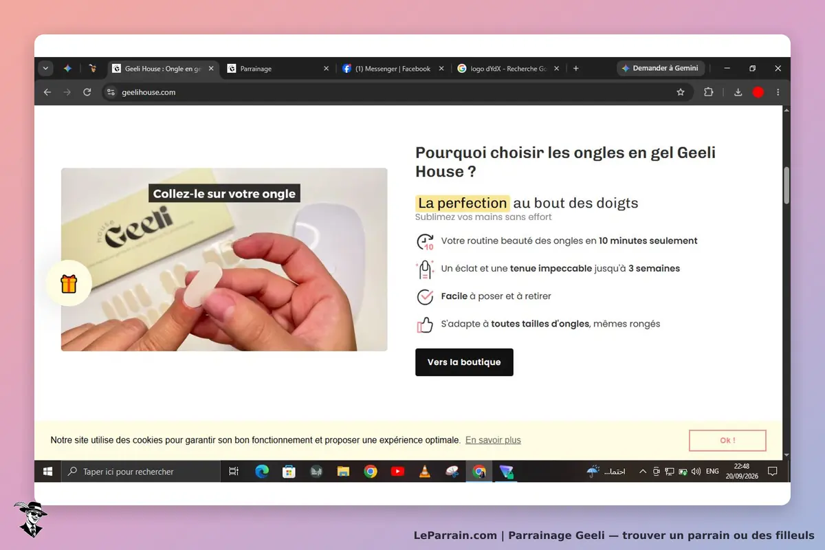 Geeli : présentation des ongles en gel avec instructions d'application sur un doigt