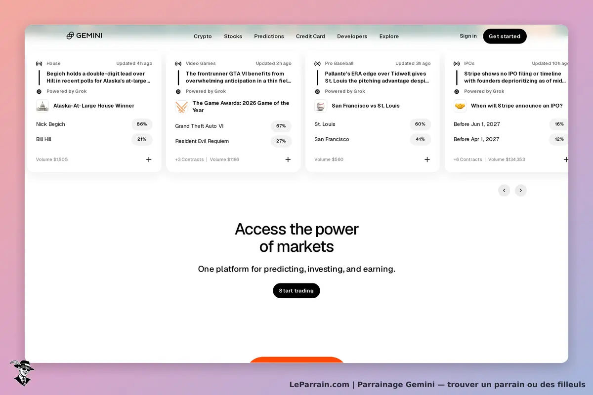 Gemini : page d'accueil avec des sections sur les marchés et un appel à l'action pour commencer