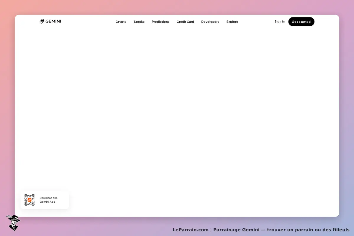 Gemini : page d'accueil avec menu en haut et option de téléchargement de l'application