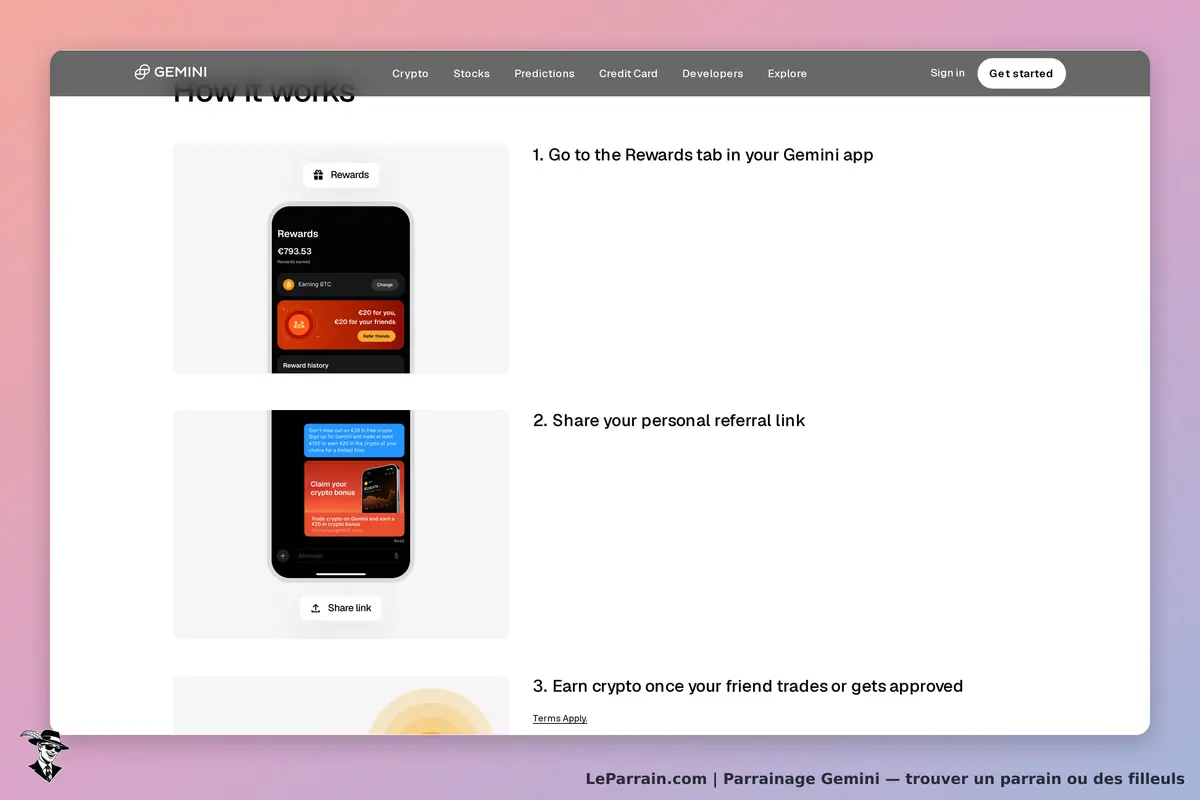 Gemini : étapes pour gagner des récompenses avec des captures d'écran d'application mobile