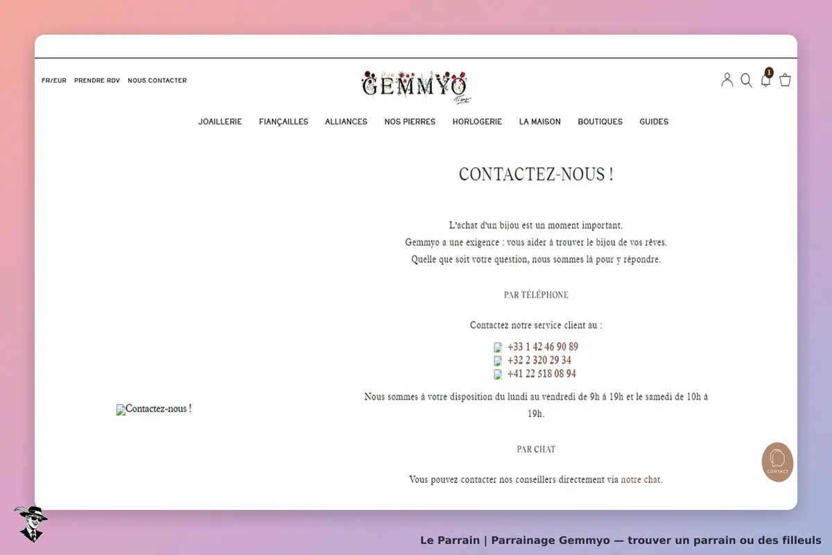 Gemmyo : page de contact avec informations téléphoniques et options de chat
