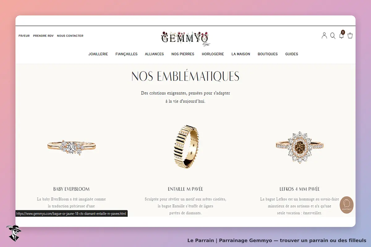 Gemmyo : page d'accueil présentant des bagues et leur description sous "Nos emblématiques"