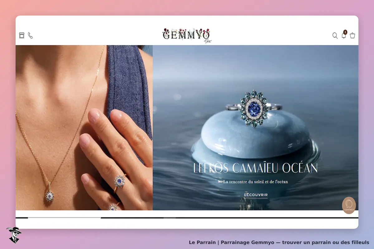 Gemmyo : bijoux en or et en pierre, modèle de bague et collier affichés sur la page d'accueil