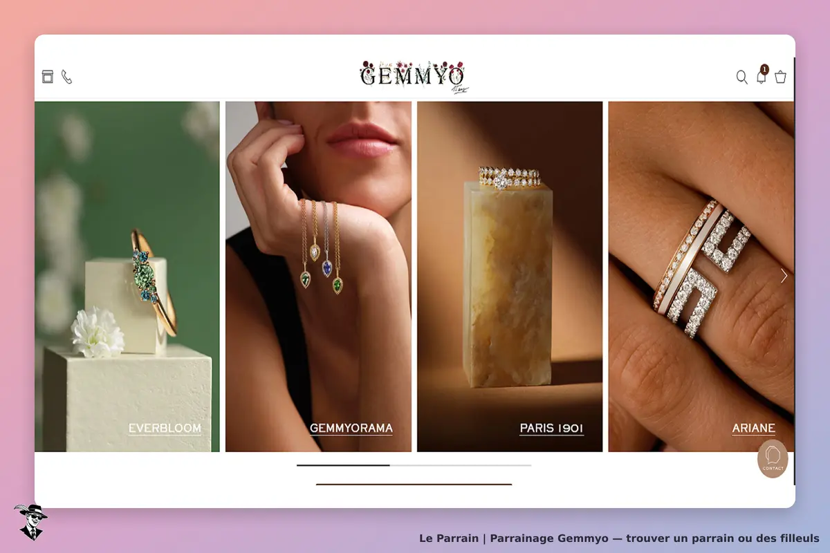 Gemmyo : quatre bijoux présentés sur la page d'accueil, avec des noms en dessous