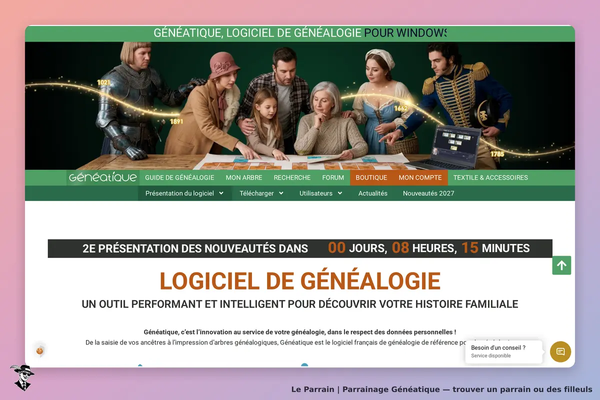 Généatique : page d'accueil avec des personnages historiques autour d'une table de travail