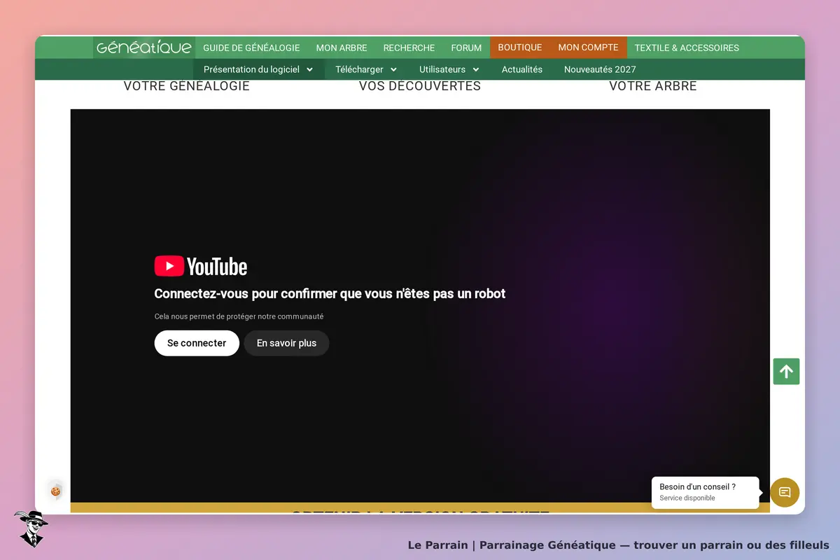 Généatique : écran de connexion YouTube pour confirmer l'absence de robot