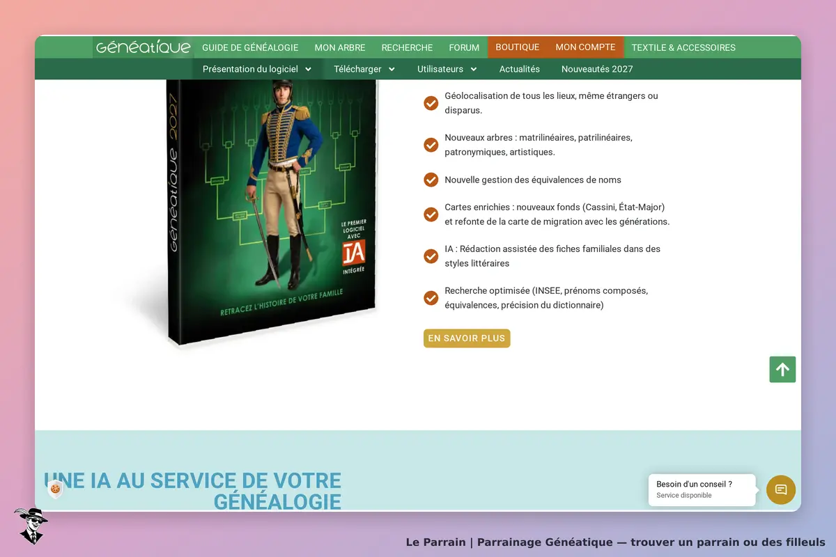 Généatique : page d'accueil présentant le logiciel et ses fonctionnalités avec une image de