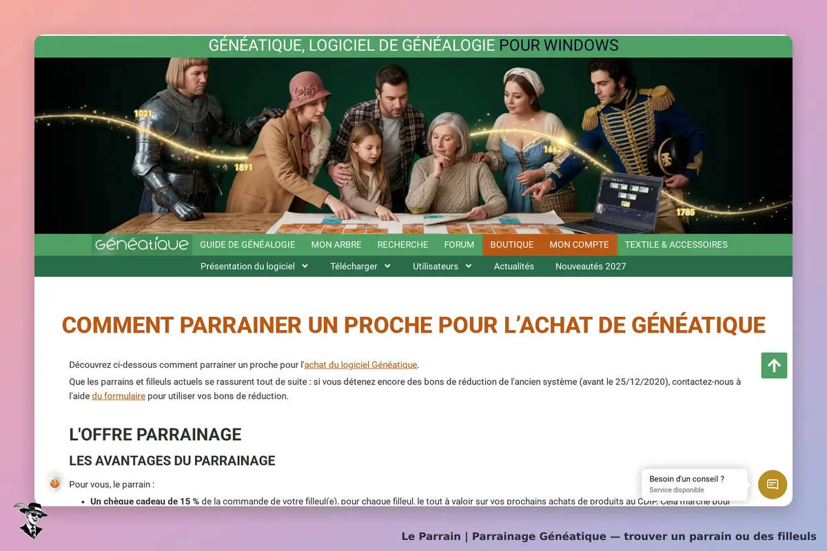 Généatique : page d'accueil avec des personnages autour d'une table et des informations de