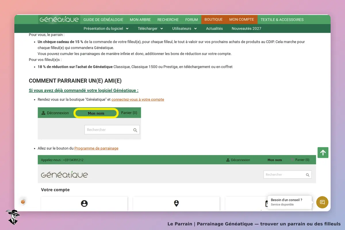 Généatique : page d'accueil avec options de connexion et programme de parrainage visible