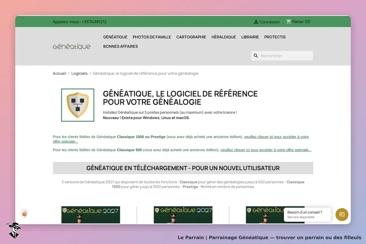 Généatique : page d'accueil présentant le logiciel de généalogie et ses différentes versions