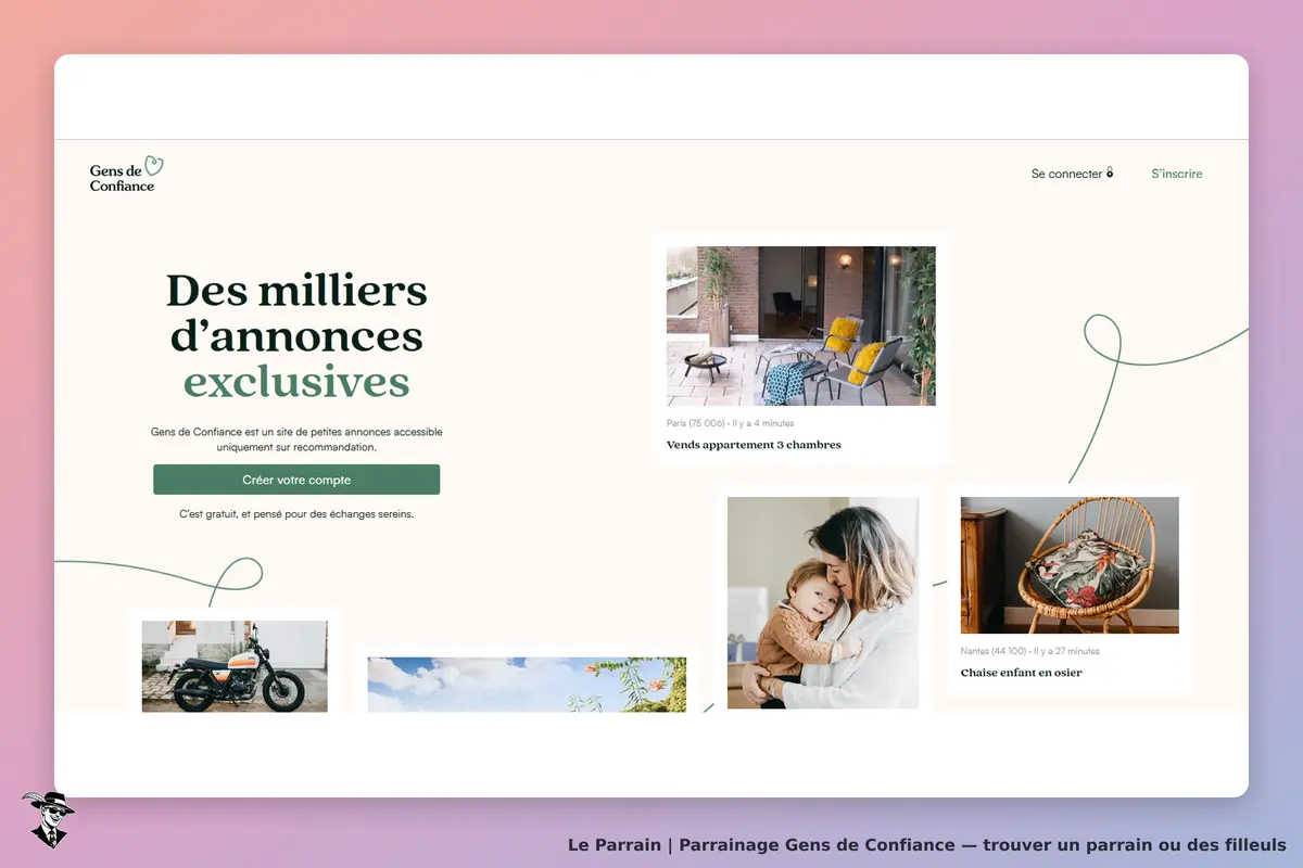 Gens de Confiance : page d'accueil avec annonces et bouton pour créer un compte