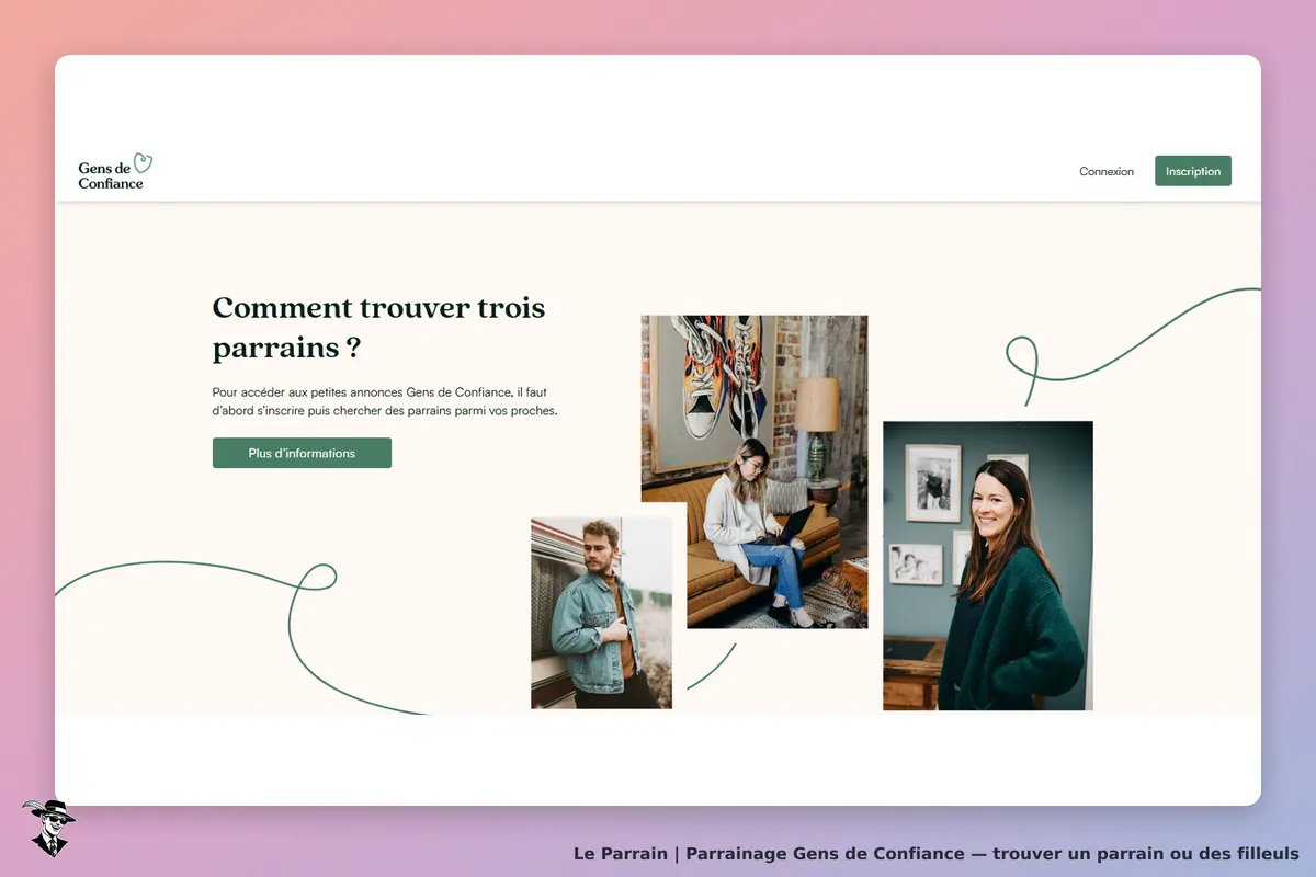 Gens de Confiance : page d'accueil avec des photos de personnes et un texte explicatif