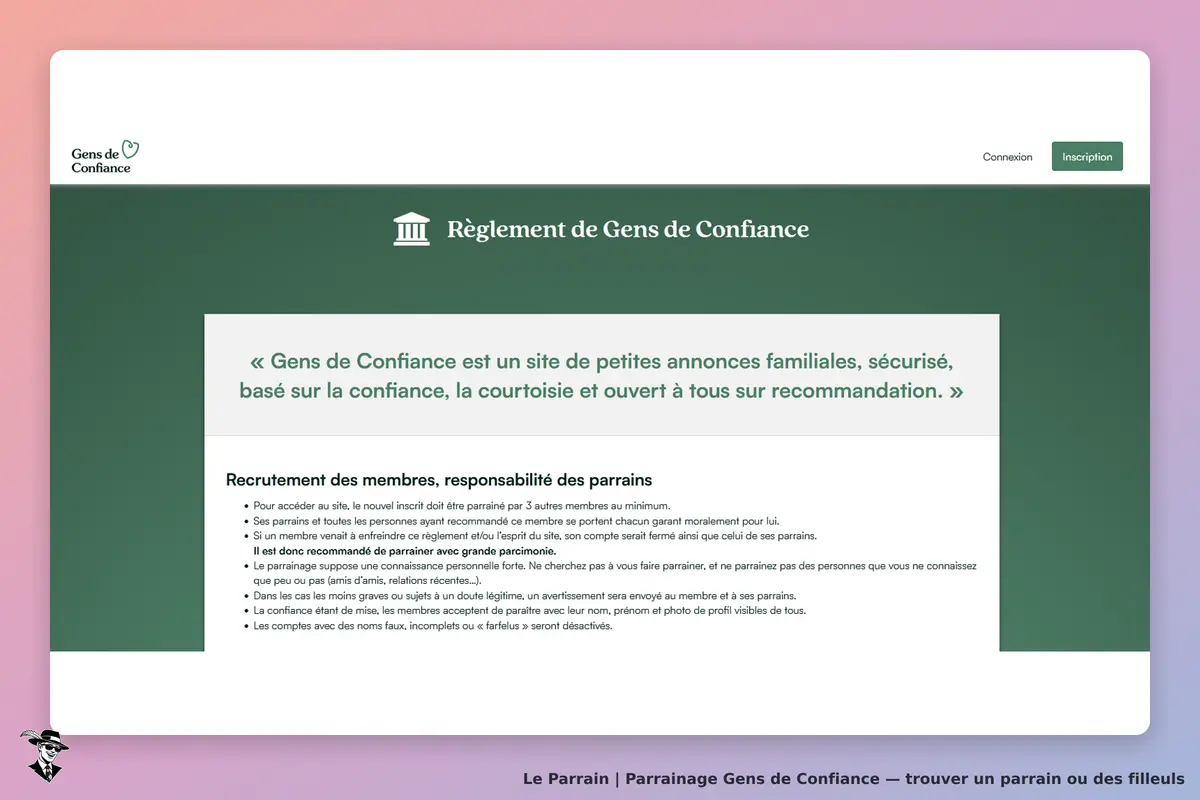 Gens de Confiance : règlement du site avec explications sur le parrainage et la responsabilité