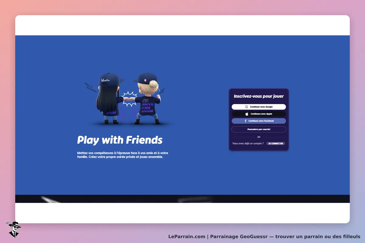 GeoGuessr : personnages de jeu avec le texte "Play with Friends" et formulaire d'inscription