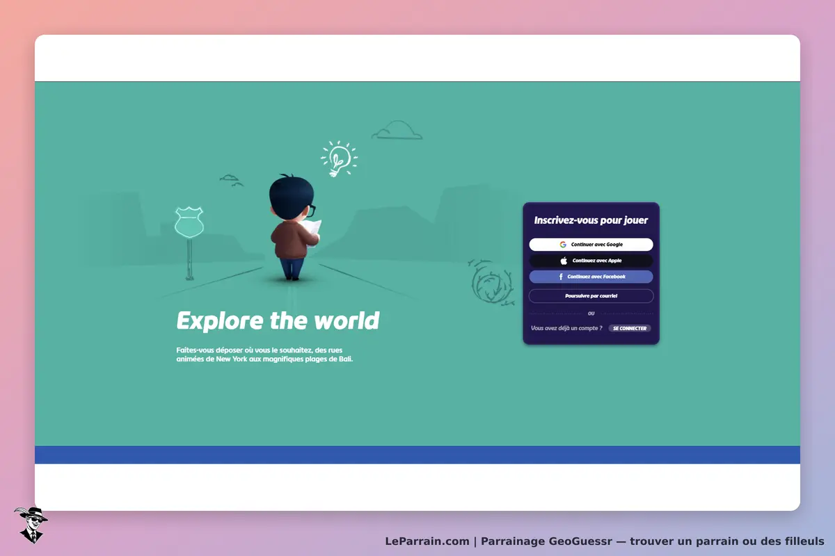 GeoGuessr : page d'accueil avec un personnage et un formulaire d'inscription pour jouer