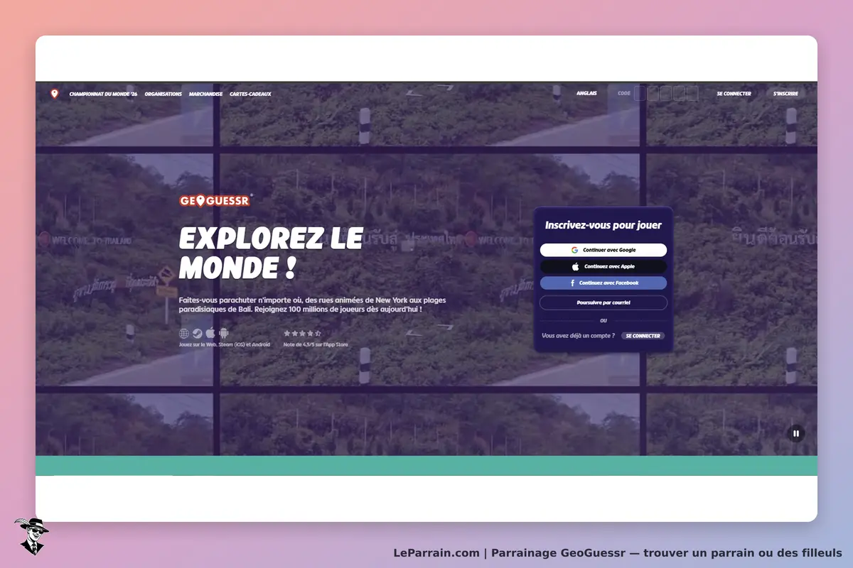 GeoGuessr : page d'accueil avec un bouton d'inscription et des images de paysages variés