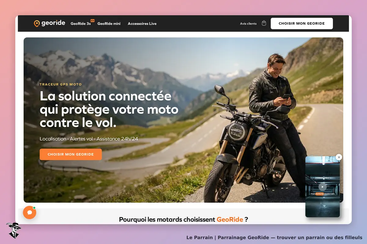 GeoRide : page d'accueil avec un motard et un texte sur la protection contre le vol