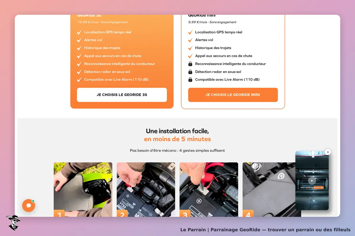 GeoRide : page d'accueil avec options de produits et étapes d'installation illustrées