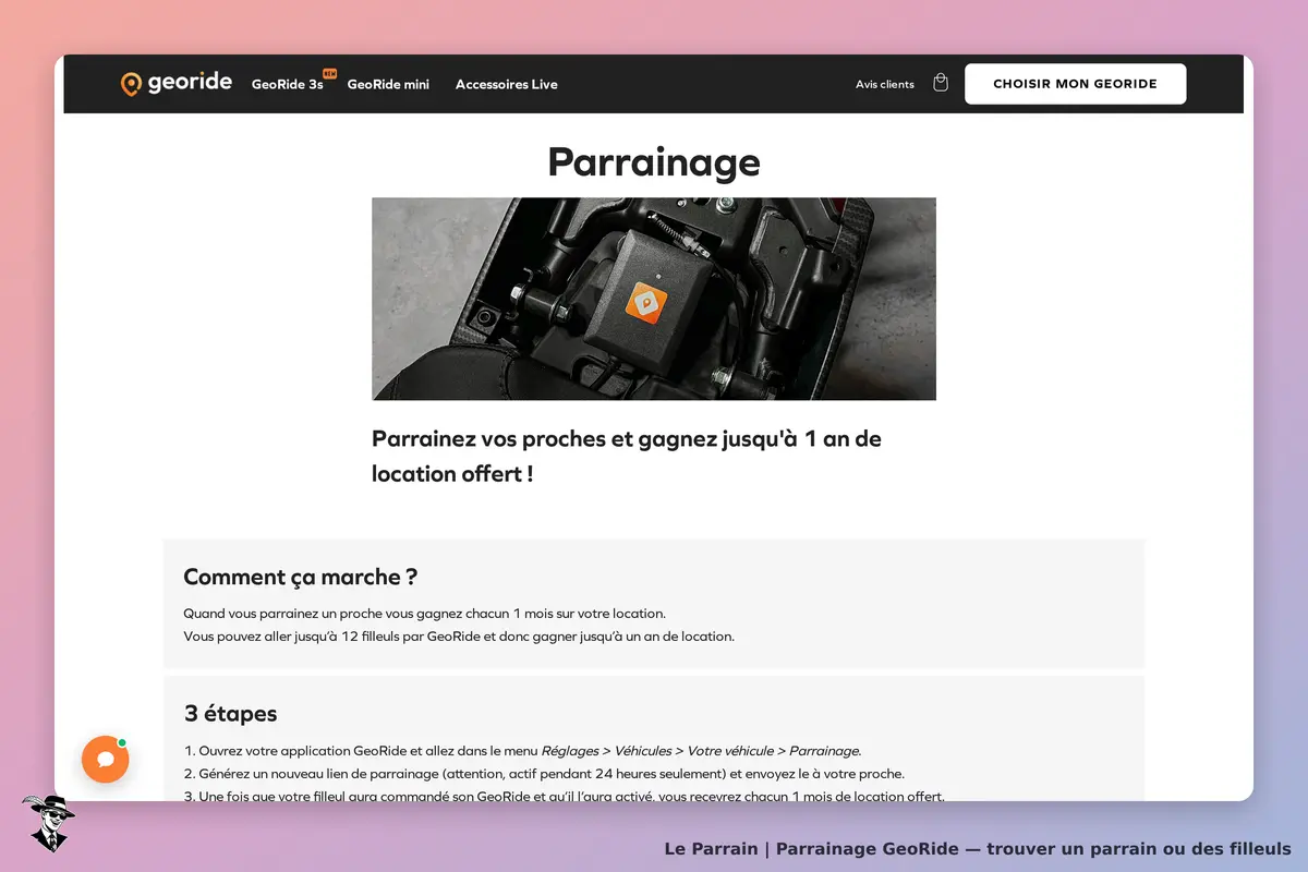 GeoRide : page de parrainage avec texte explicatif et image d'un produit