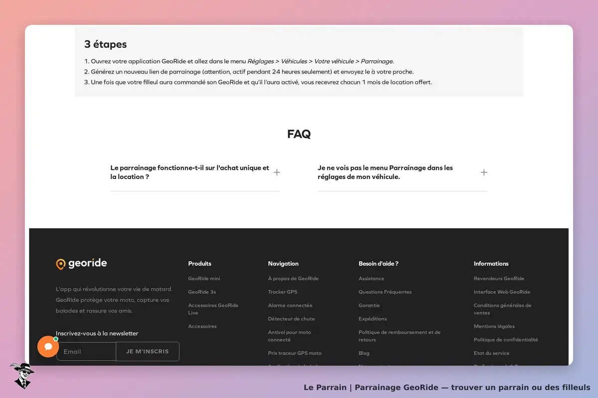 GeoRide : section FAQ avec questions sur le parrainage et menu de navigation en bas de page