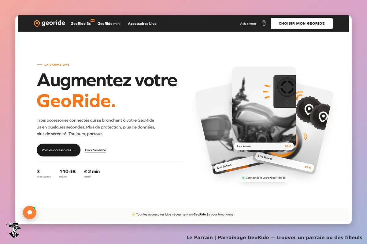 GeoRide : page d'accueil présentant des accessoires pour le système GeoRide 3s