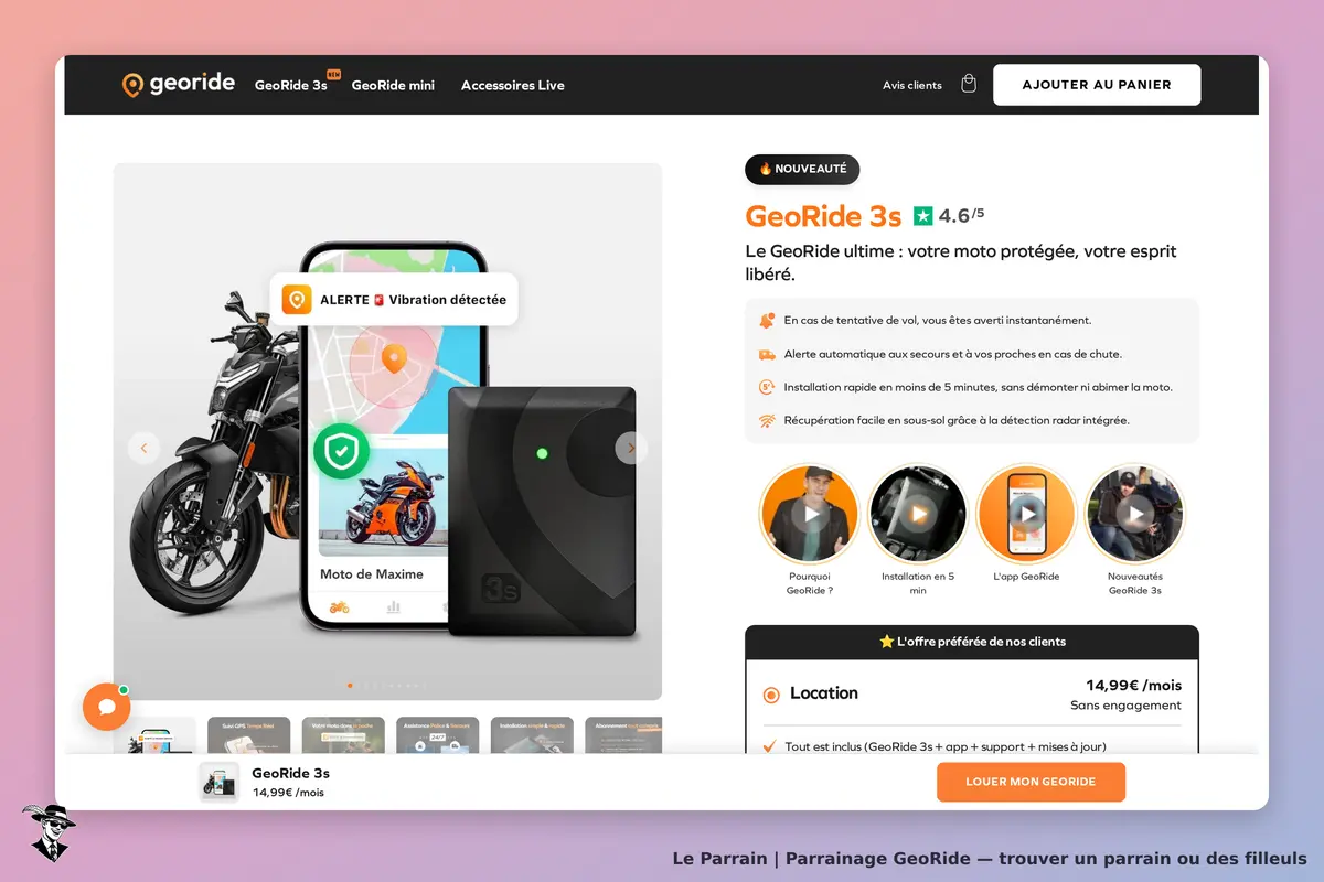 GeoRide : page produit affichant le GeoRide 3s avec moto et application de suivi sur smartphone